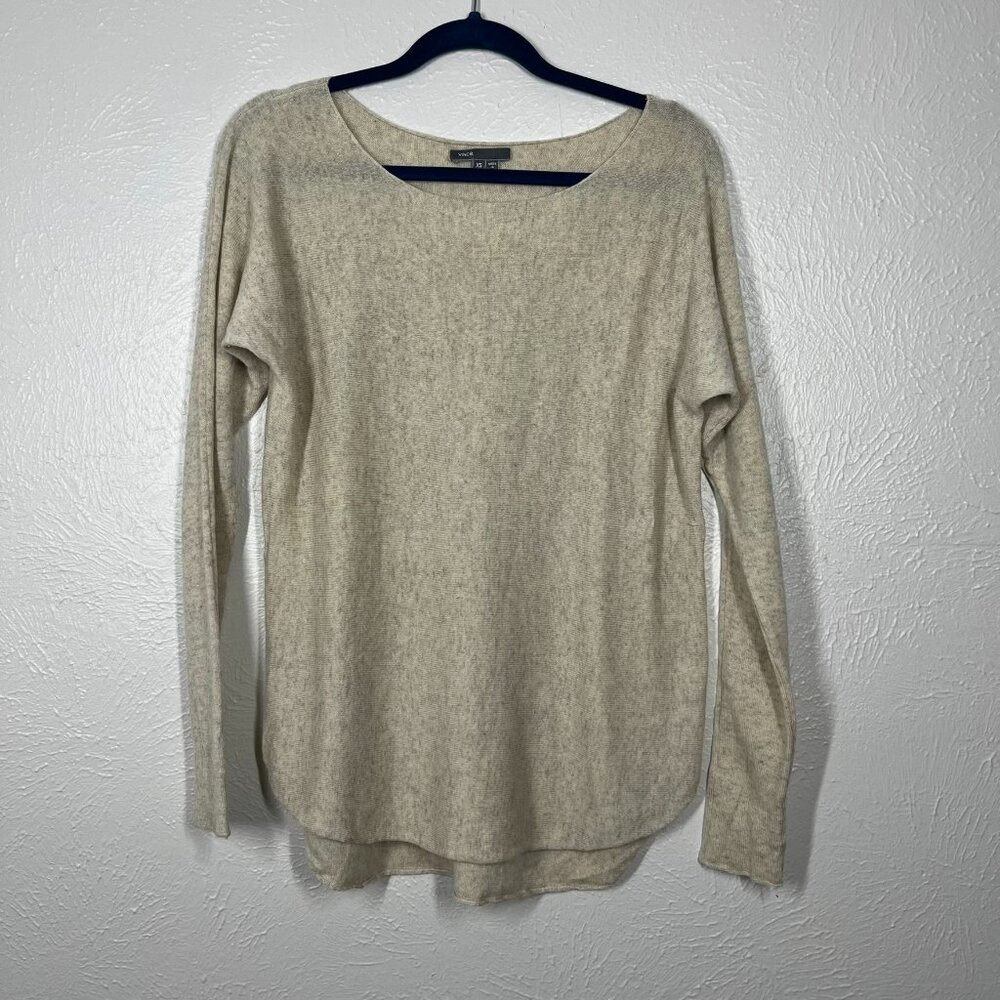Vince Tan Wool & Cashmere Boatneck Long Sleeve Curved Hemline Sweater